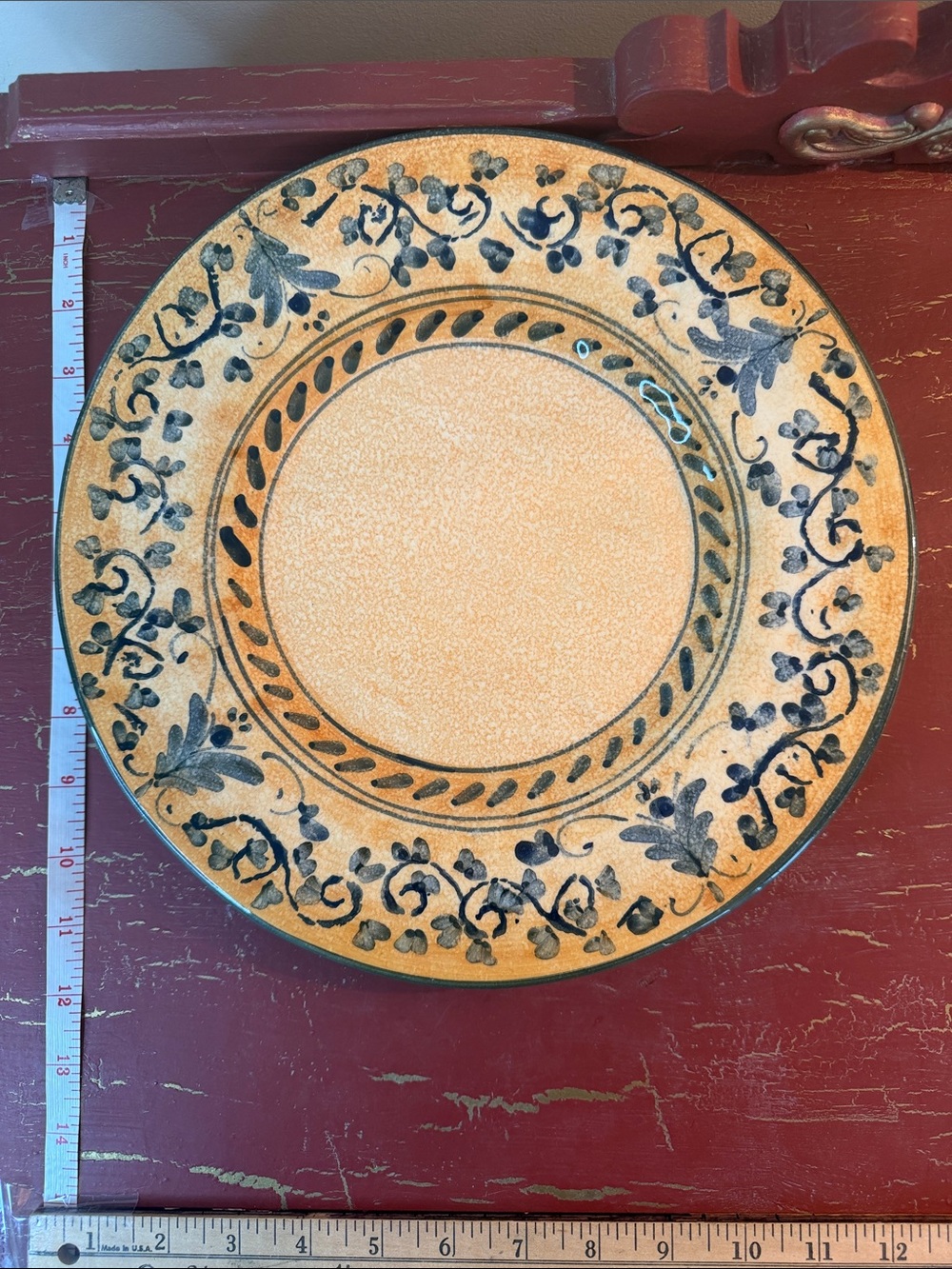 Vietri Hand-Painted Yellow Plate with Blue Floral Border and Leaf Motif